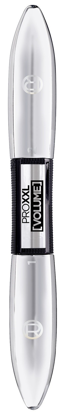 Selkeä, kaksipuolinen putki, jossa on musta tarra lukien "Proxxl Volume" keskellä.