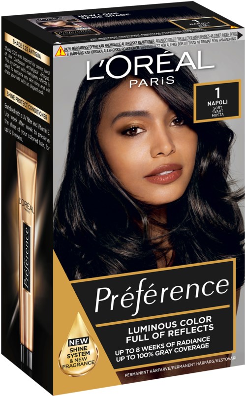 L'Oréal Préférence hårfärgningslåda med en kvinna som visar mörkt, glänsande hår och text om färg och glans.