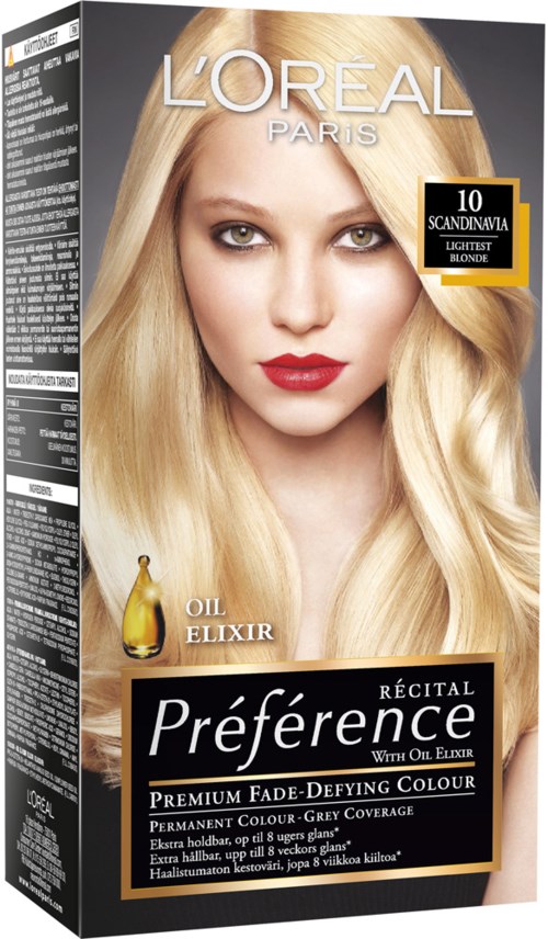 En blont kvinna med röd läppstift på hårvårdsförpackningen. Boxen nämner Loreal, olja, elixir och blont färg.