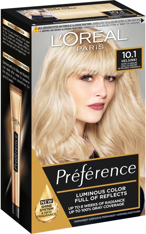 Förpackning av L'Oreal Preference hårfärg med en blond kvinna som visar stylat hår.
