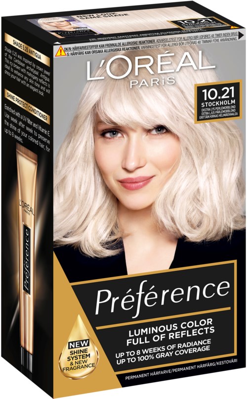 L'Oréal hårfärgningsbox med en kvinna med blont, vågigt hår och produktdetaljer samt ett datum för Stockholm.