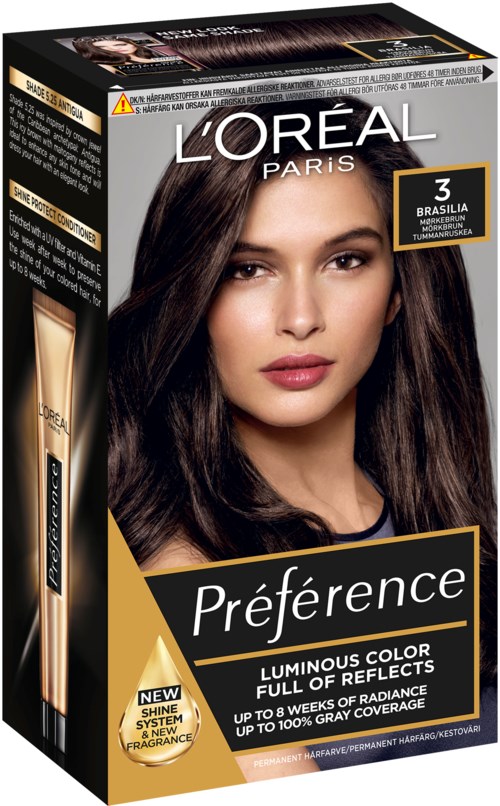 L'Oréal preference hårfärgningslåda med en kvinna som visar sitt långa, mörka hår och produktdetaljer på förpackningen.