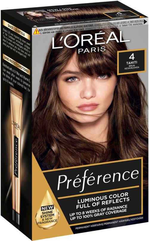 L'Oréal Préférence hårfärgningsförpackning med en kvinna som har brunt, glänsande hår och produktuppgifter på förpackningen.