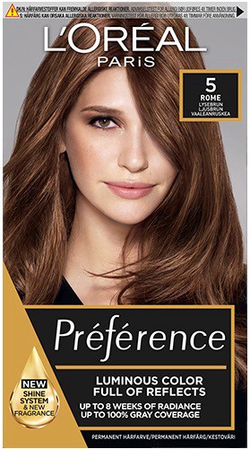 En kvinna med långt, brunt hår och klar hud som ler svagt på ett L'Oréal Paris hårfärgningspaket.