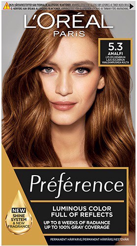 En L'Oréal Paris hårfärgningsförpackning med en kvinna som visar långt, vågigt, ljusbrunt hår och produktdetaljer.