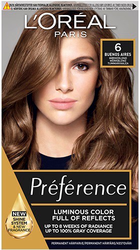 En L'Oréal Paris hårfärgningslåda med en kvinna som har långt, glansigt brunt hår, som visar färg och reflektion.