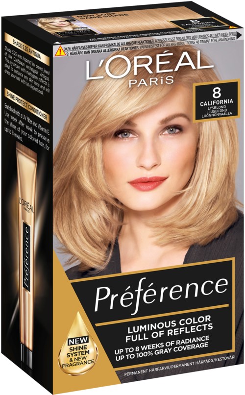 L'Oréal Préférence hårfärgningsförpackning med en kvinna med blont hår på framsidan.