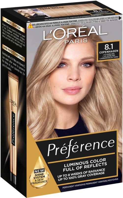 L'Oréal Préférence hårfärgningslåda med en kvinna med blond hår och produktinformation.