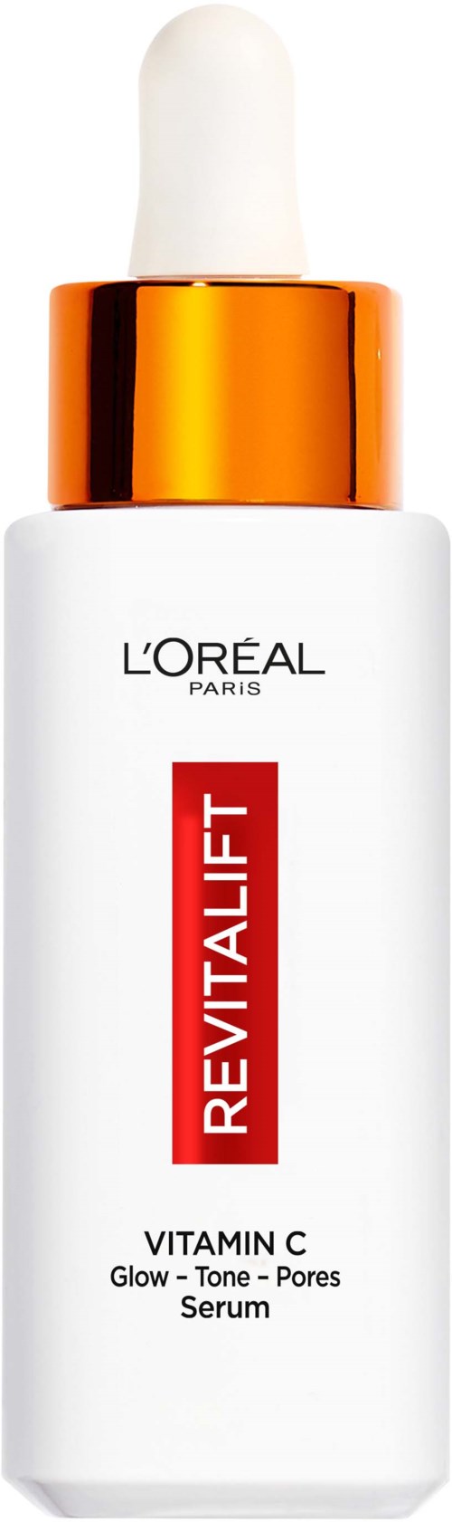 Een witte fles met pipetdop, gouden hals en rood label. Het is L'Oréal Revitalift Vitamin C serum.