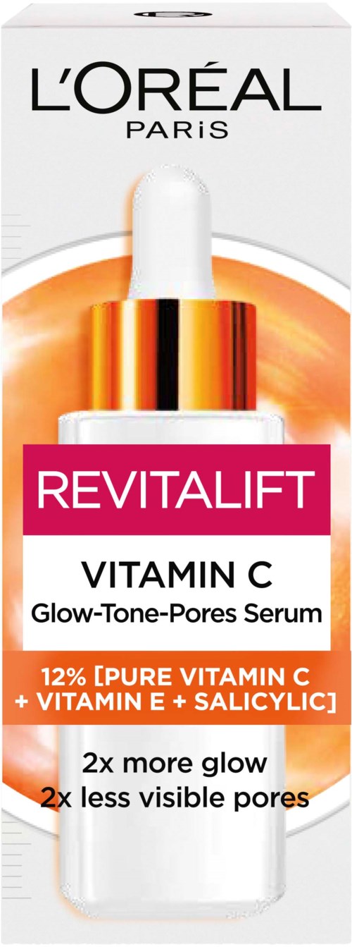 L'Oréal Revitalift serum met vitamine C, geeft glans en vermindert poriën, bevat pure vitamine C, E en salicylzuur.