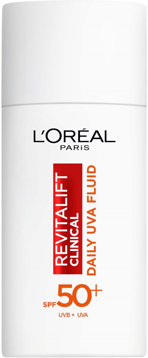 Een witte fles met pomp, L'Oréal-merk, SPF 50+ voor dagelijks gebruik, bescherming tegen UVA en UVB.