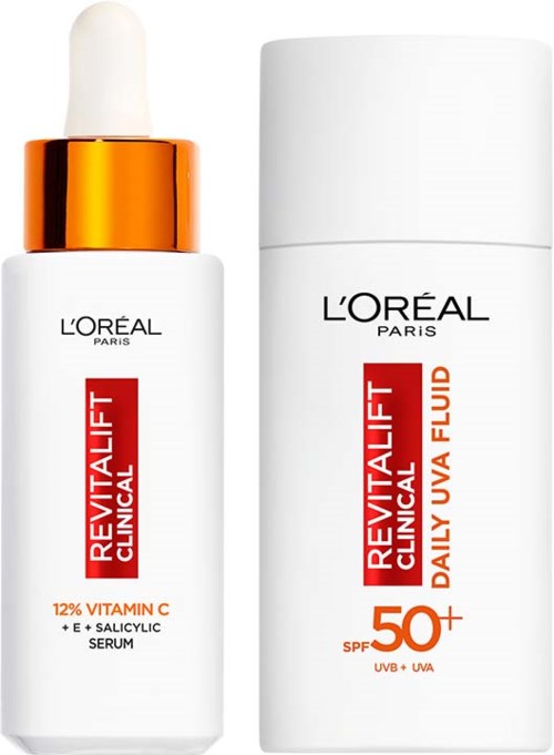 L'Oréal hudpleieflasker, en med pipette merket 'Revitalift Clinical' og 'Vitamin C Serum', den andre med SPF 50+.