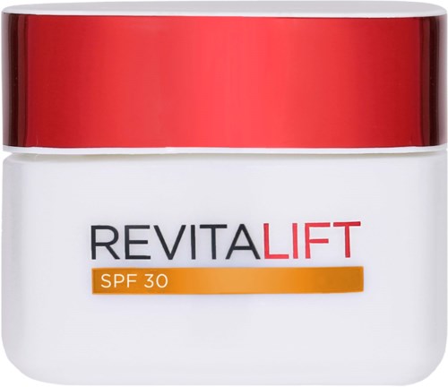 Biały słoik z czerwoną nakrętką i etykietą z napisem 'REVITALIFT SPF 30'.
