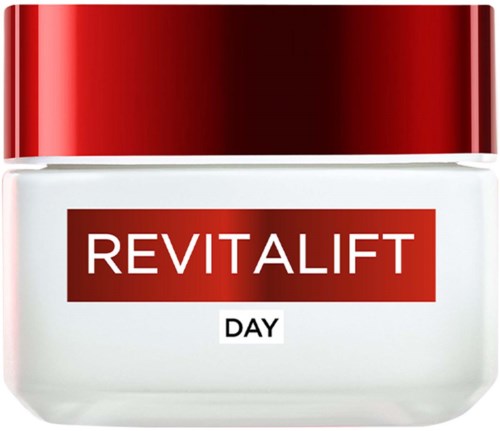 Biały słoik do pielęgnacji skóry z czerwonym wiekiem i etykietą z napisem REVITALIFT DAY.
