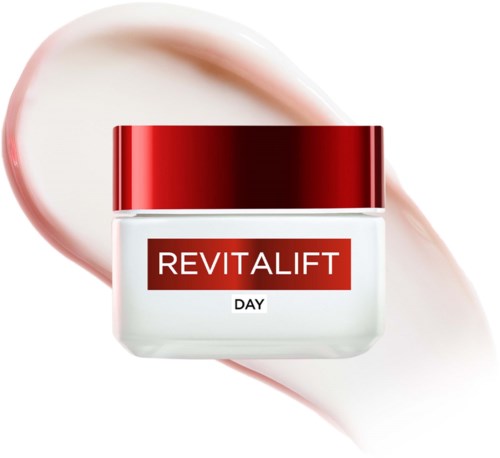 Słoik z napisem Revitalift Day, różowo-biały z kremem wokół.