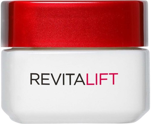 En burk med hudvårdsprodukter med röd lock och vit behållare märkt 'REVITALIFT'.