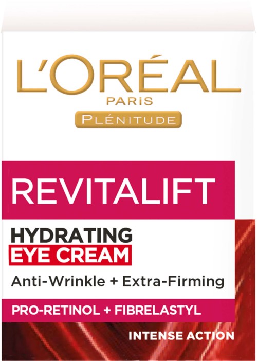 En hudvårdsproduktlåda med L'Oreal-logotyp, produktnamn Revitalift, samt nämner ögonkräm, återfuktande, anti-rynka och fasthet.