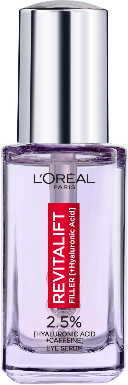 Kleine lila Flasche mit silberner Kappe, beschriftet L'Oréal Revitalift Augenserum mit Hyaluronsäure.