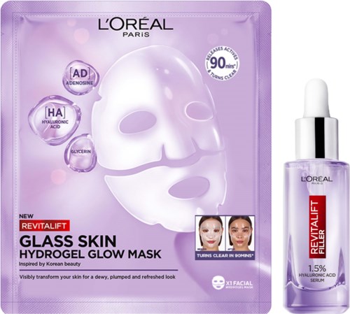 L'Oréal glas huidmasker en serum voor heldere, stralende huid met hyaluronzuur en adenosine.