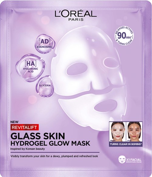 Een paarse verpakking van een gezichtsmasker met Koreaans geïnspireerde ingrediënten en voor-en-na foto's.