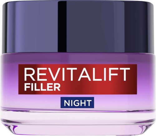 Ein Behälter mit Revitalift Filler Night Creme, mit violettem und schwarzem Deckel und violetter Substanz.