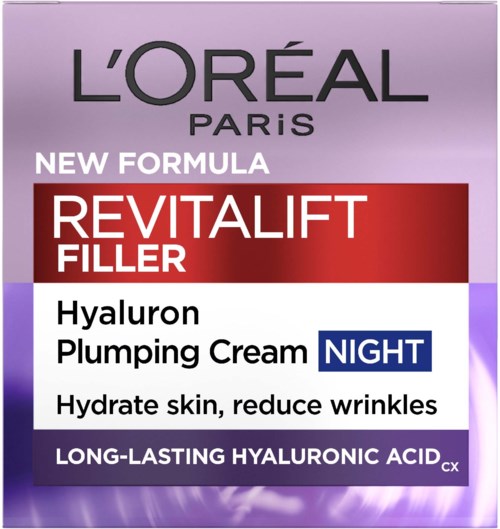 L'Oréal Paris-Box für Nachtcreme mit Hyaluronsäure, fördert Hydratation und Faltenreduktion.