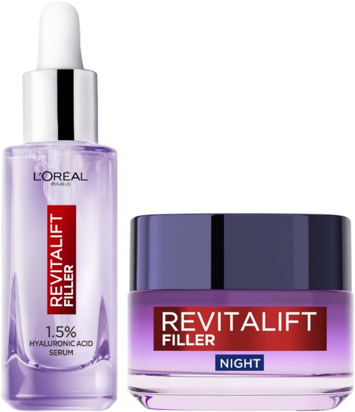 Twee huidverzorgingsproducten, één in een druppelfles en één in een pot, beide gemerkt Revitalift Filler van L'Oréal.