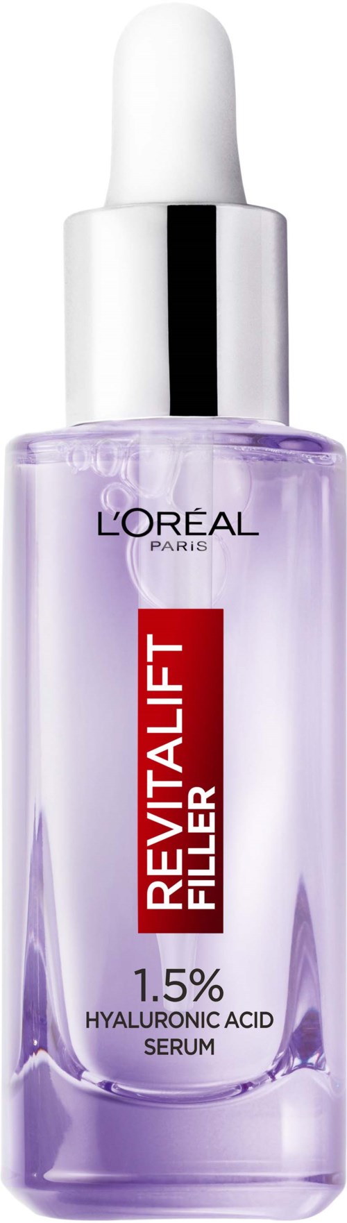 Eine lila Flasche mit Tropfer enthält L'Oréal Revitalift Filler Hyaluronsäure Serum.