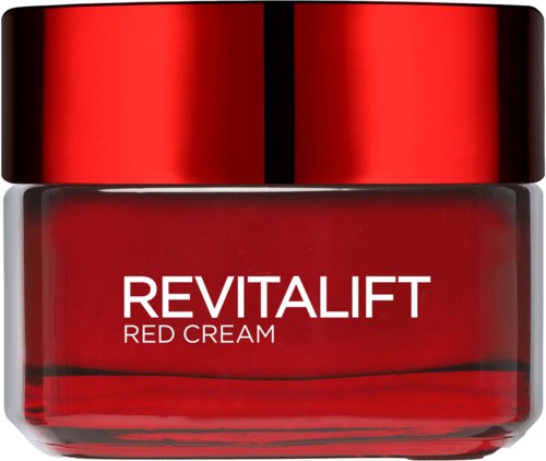 Czerwony słoik kremu z napisem 'REVITALIFT RED CREAM' i czarnym i czerwonym wieczkiem.