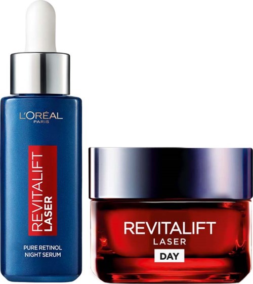 L'Oréal Revitalift Laser hudpleieprodukter, en serumflaske og en kremkrukke, i blå og røde beholdere.
