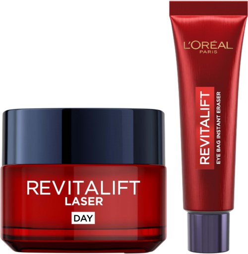 L'Oréal Revitalift huidverzorgingsset met een pot en een tube, mainly rood met zwart en paars.
