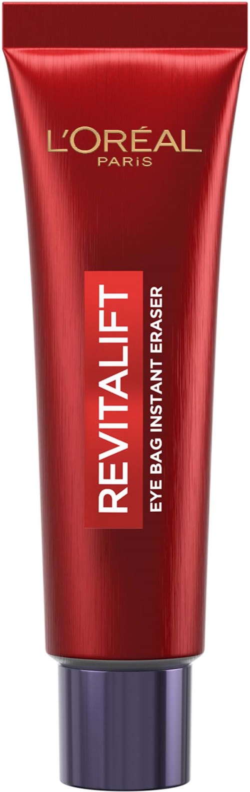 Rode tube met L'Oreal Revitalift oogcrème met gouden en paarse accenten.