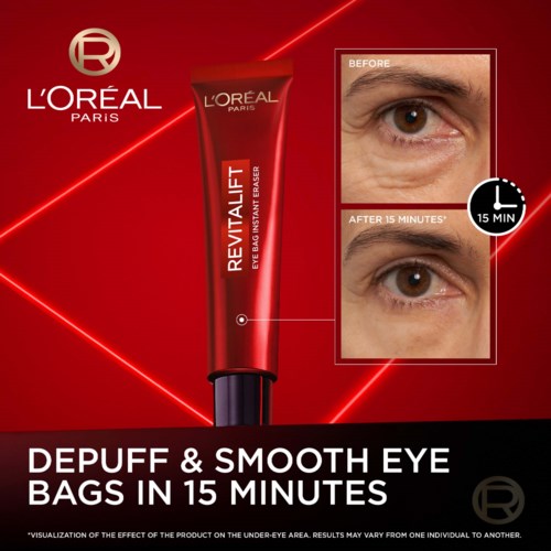 L'Oréal Revitalift eye cream tube with before and after images showing reduced eye bags in 15 minutes.