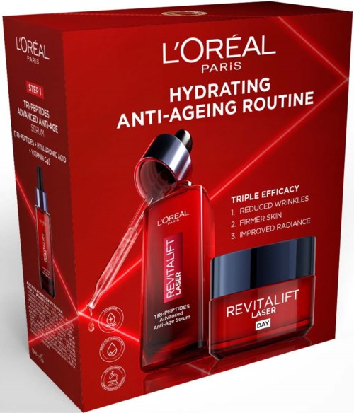 Pakke som inneholder L'Oréal hudpleie- og serumprodukter, med rødt og svart design, produktbilder og fordeler oppført.