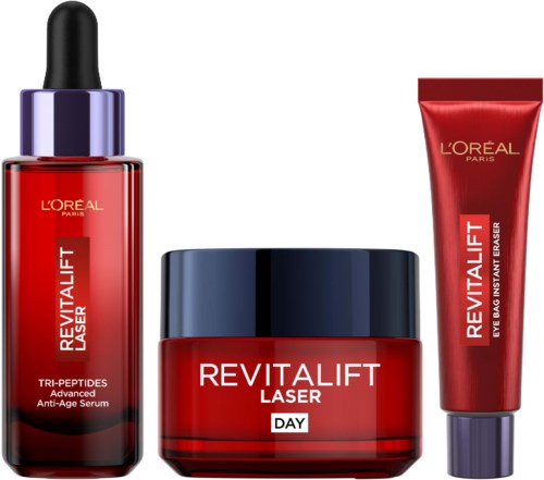 Drie L'Oreal Revitalift Laser huidverzorgingsproducten: serum, crème en ooggel in rood verpakking.