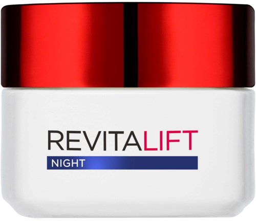 A white jar with a red lid, labeled 'Revitalift Night' for a skincare product.