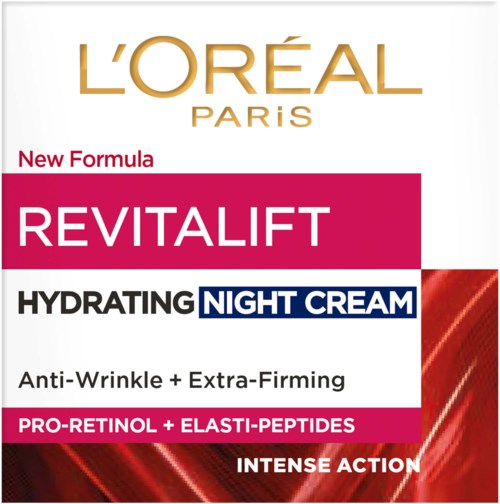 L'Oréal Paris Revitalift night cream for hydration, anti-wrinkle, extra-firming with retinol and peptides, emphasizing intense action.