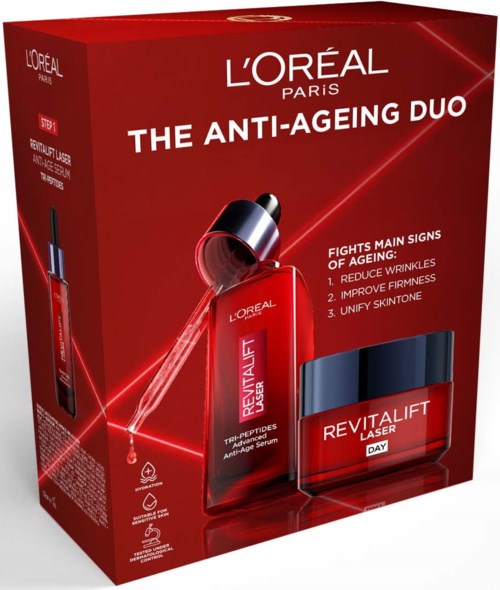 Rote Box mit Anti-Aging-Hautpflegeprodukten, inklusive Serum und Creme, von L'Oreal Paris, mit Fokus auf Faltenreduktion.