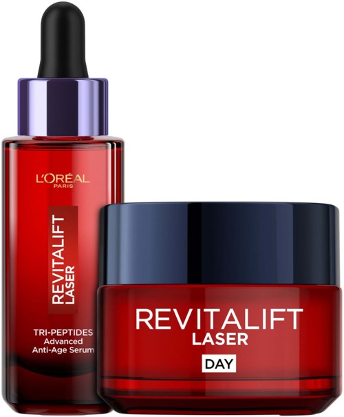 Zwei rote Hautpflegeprodukte von L'Oréal, eines in einer Pipettenflasche und eines in einem Cremetiegel, beide mit Revitalift Laser beschriftet.