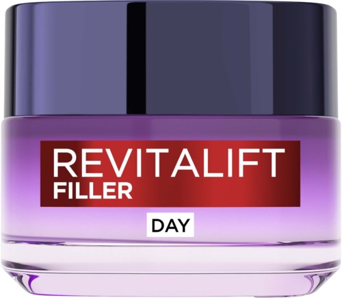 A jar of Revitalift Filler Day cream, purple and silver container with a red label.