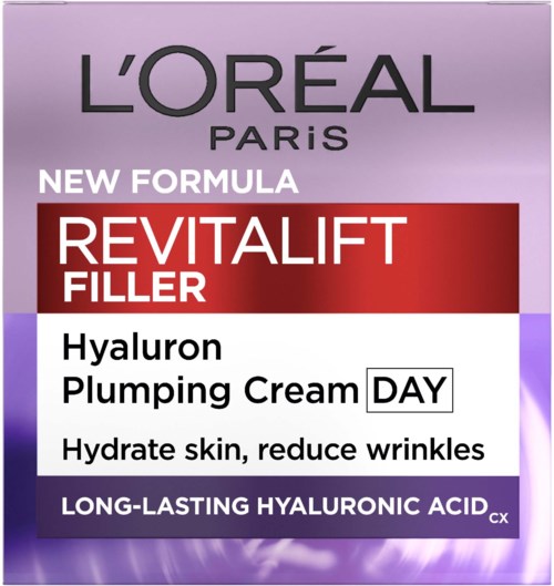 L'Oréal Paris Revitalift Filler Day cream with hyaluronic acid, designed to hydrate skin and reduce wrinkles.