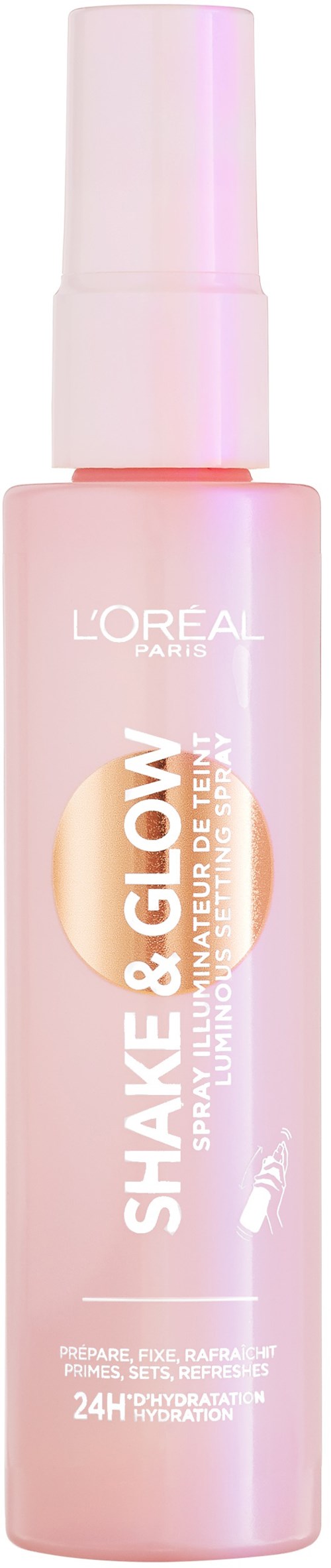 En rosa flaska av L'Oreal Shake & Glow spray med vit kork. Den lyser och är för att ljusa upp huden.