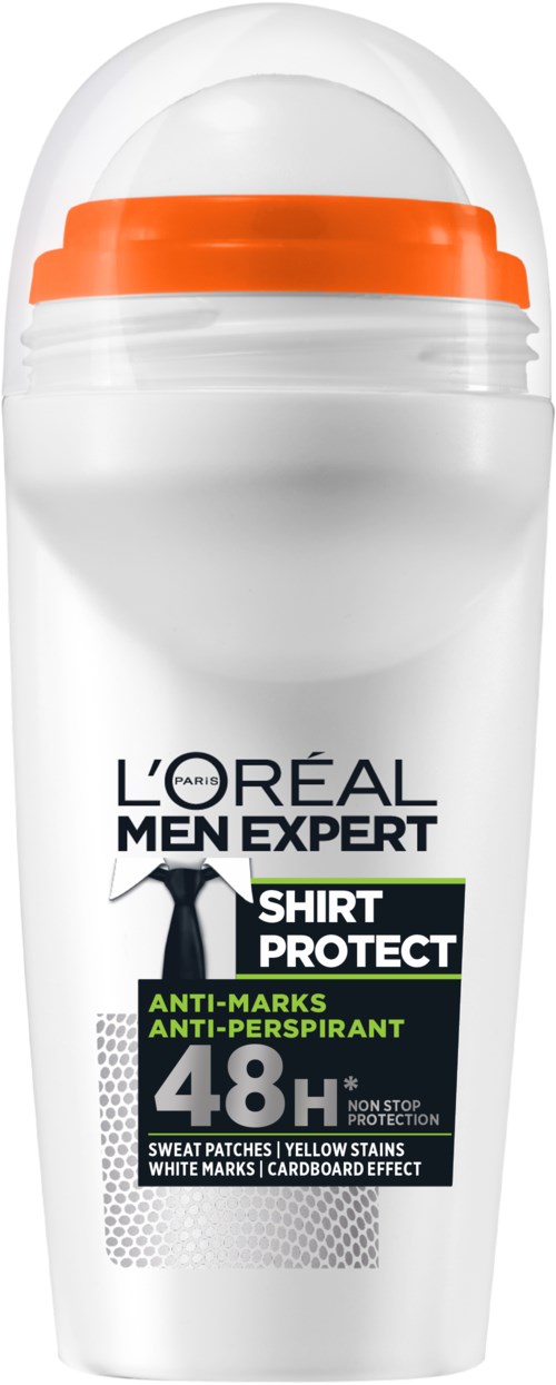 Een witte deodorantstift met oranje deksel, gelabeld L'Oréal Men Expert Shirt Protect, biedt 48 uur antiperspirantbescherming.