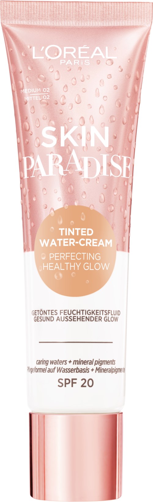 Roze tube van L'Oréal Skin Paradise getinte water-cream met SPF 20, waterdruppel-ontwerp, bevordert een gezonde gloed.