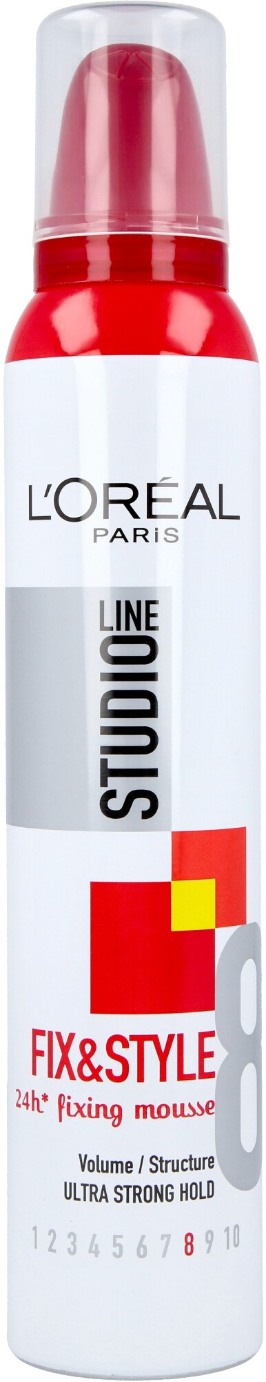 Hiusmuotovaahtopullon punainen, valkoinen ja keltainen väreillä, etiketissä 'L'Oreal Studio Line Fix & Style' ja 'Fixing Mousse.'