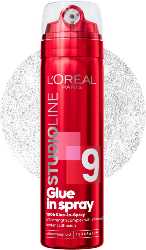 Red spray can of L'Oréal Paris StudioLine glue in spray for strong hold and quick adhesion, with a clear cap.