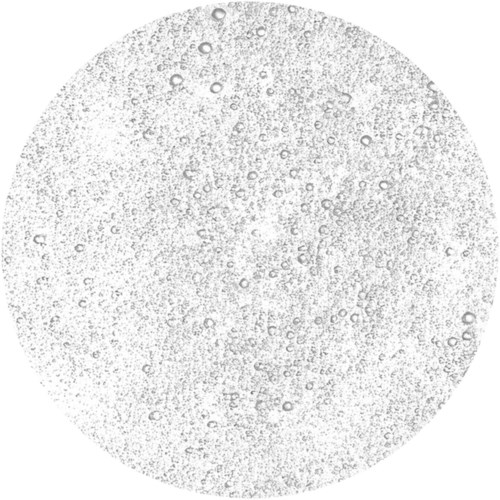 Close-up of a clear, round container filled with tiny white beads or granules.