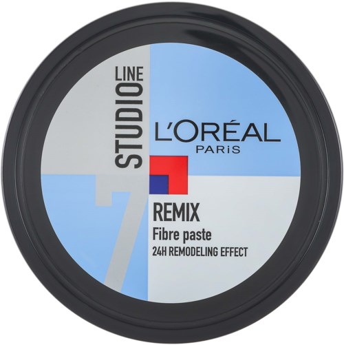 Een ronde L'Oréal Paris-verpakking met blauw, wit, zwart en rood, met productinformatie en merkelogo.