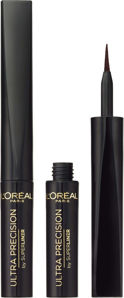 Musta nestemäinen eyeliner-penkki kultaisella tekstillä, korkki ja sivellin.