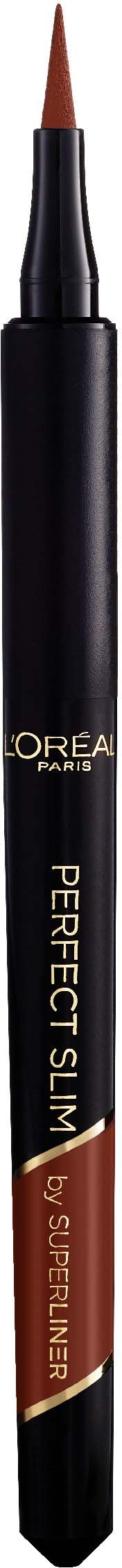 En svart blyant med spiss av brunt, merket 'L'Oréal Paris' og 'Perfect Slim' for sminke.